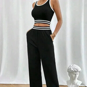 Black Casual Women's Contrast Binding Crop Tank Top & Pants